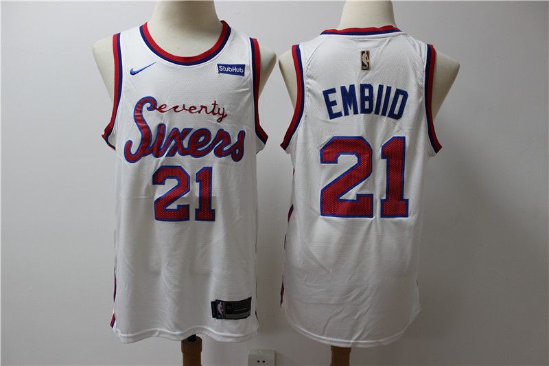 Men New NBA Philadelphia 76ers #21 Embiid White Throwback game Jerseys